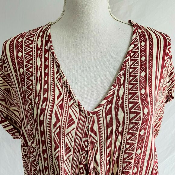 Entro Tribal Top Knotted Waist V Neck Relaxed Fit Red Short Sleeve Casual Small - Picture 5 of 11